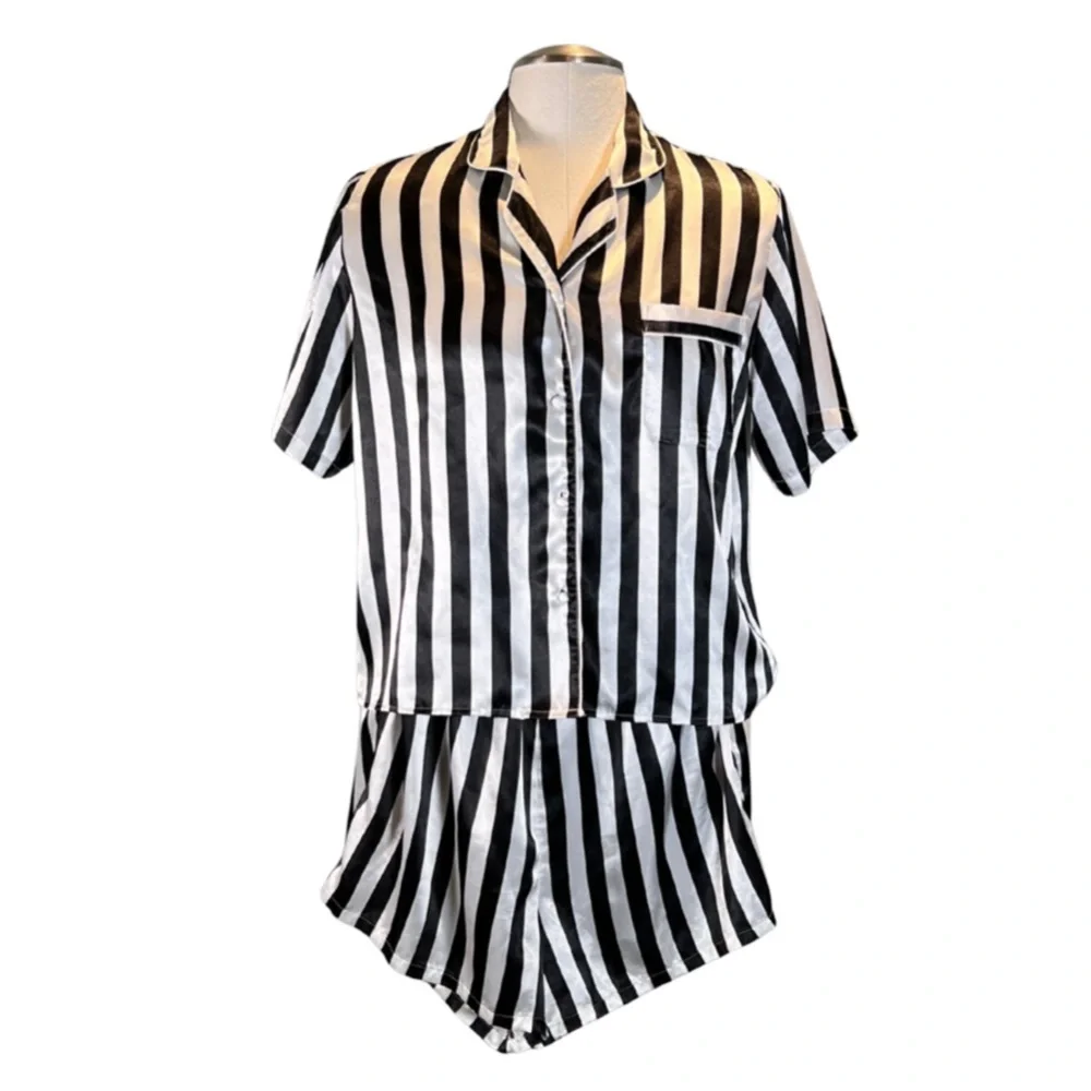 Vintage 2-Piece Black and White Striped Satin Pajama Button Top and Shorts M